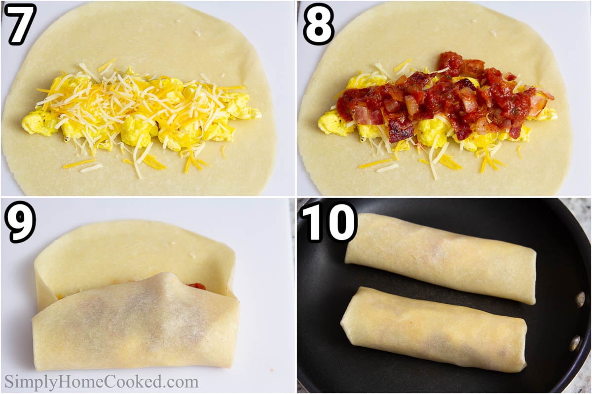 Steps to make breakfast burritos: Add eggs, bacon, cheese, sour cream and salsa to tortilla, fold over and fry in skillet until crispy.