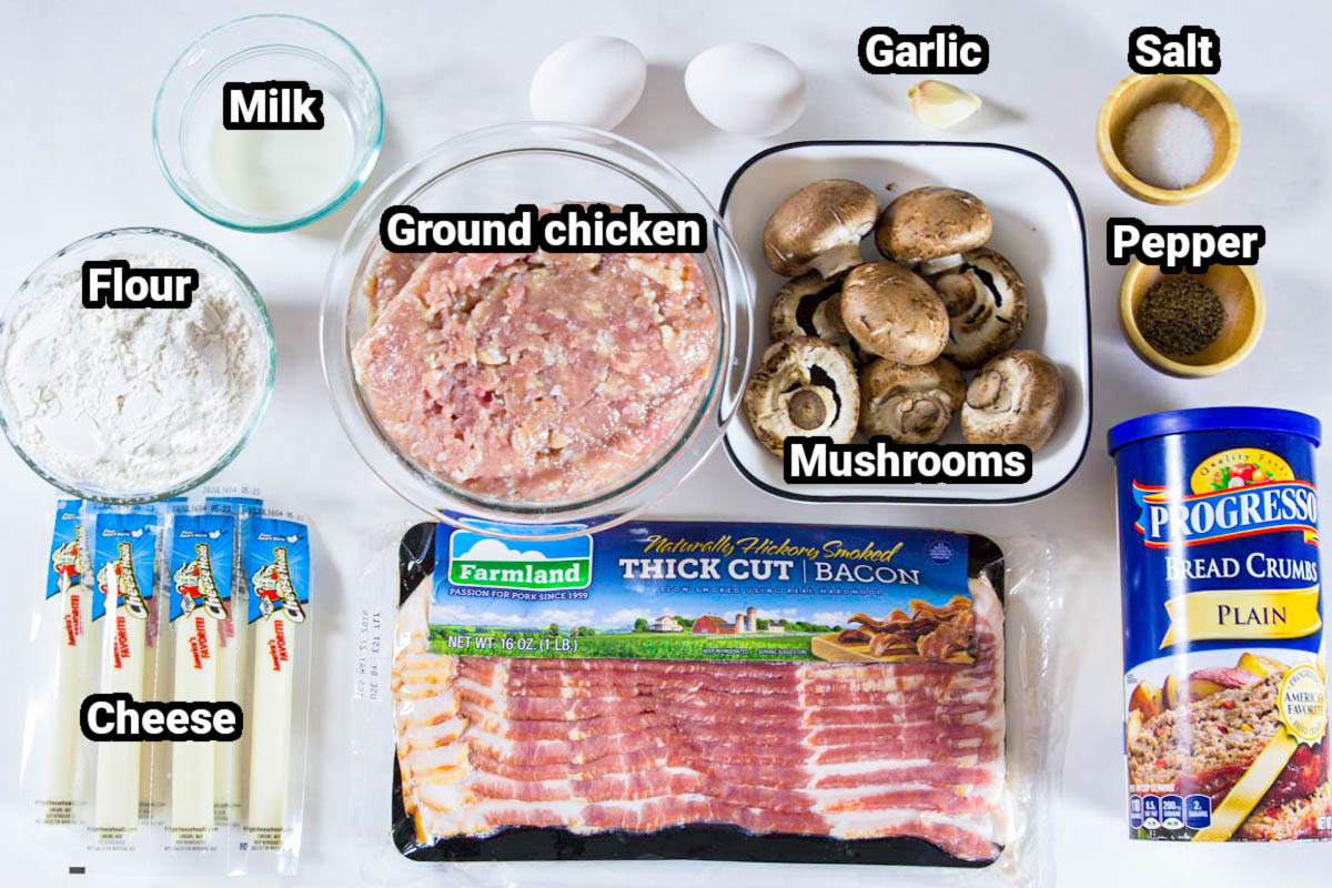 Ingredients for chicken croquettes: cheese, bacon, breadcrumbs, salt, pepper, garlic, eggs, mushrooms, ground chicken, milk and flour.