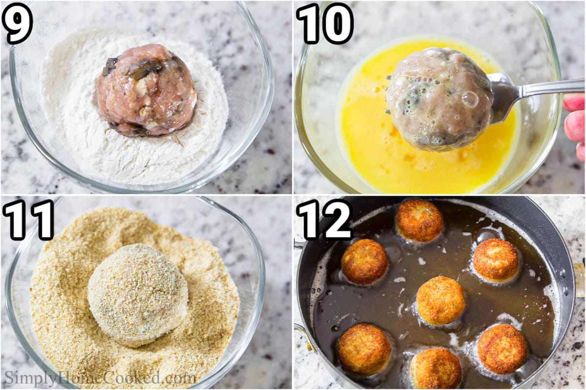 Steps to make Chicken Croquettes: dredge the meatballs in flour, then egg, then breadcrumbs, and fry them.