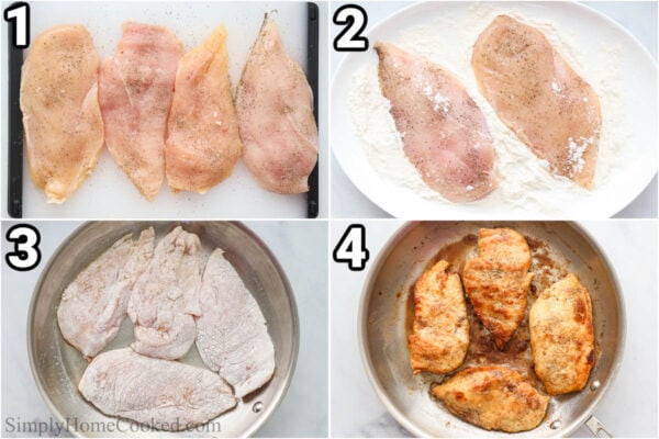 Steps to make Chicken Florentine: season and flour dredge the chicken, then pan sear it.