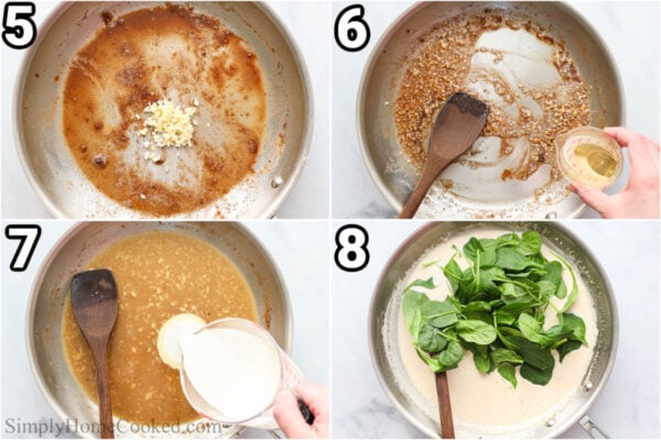 Steps to make Chicken Florentine: saute garlic, then add white wine, heavy cream, and spinach to the pan.