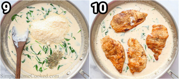 Steps to make Chicken Florentine: add Parmesan cheese and Italian seasonings to the cream sauce, then add the chicken back in.