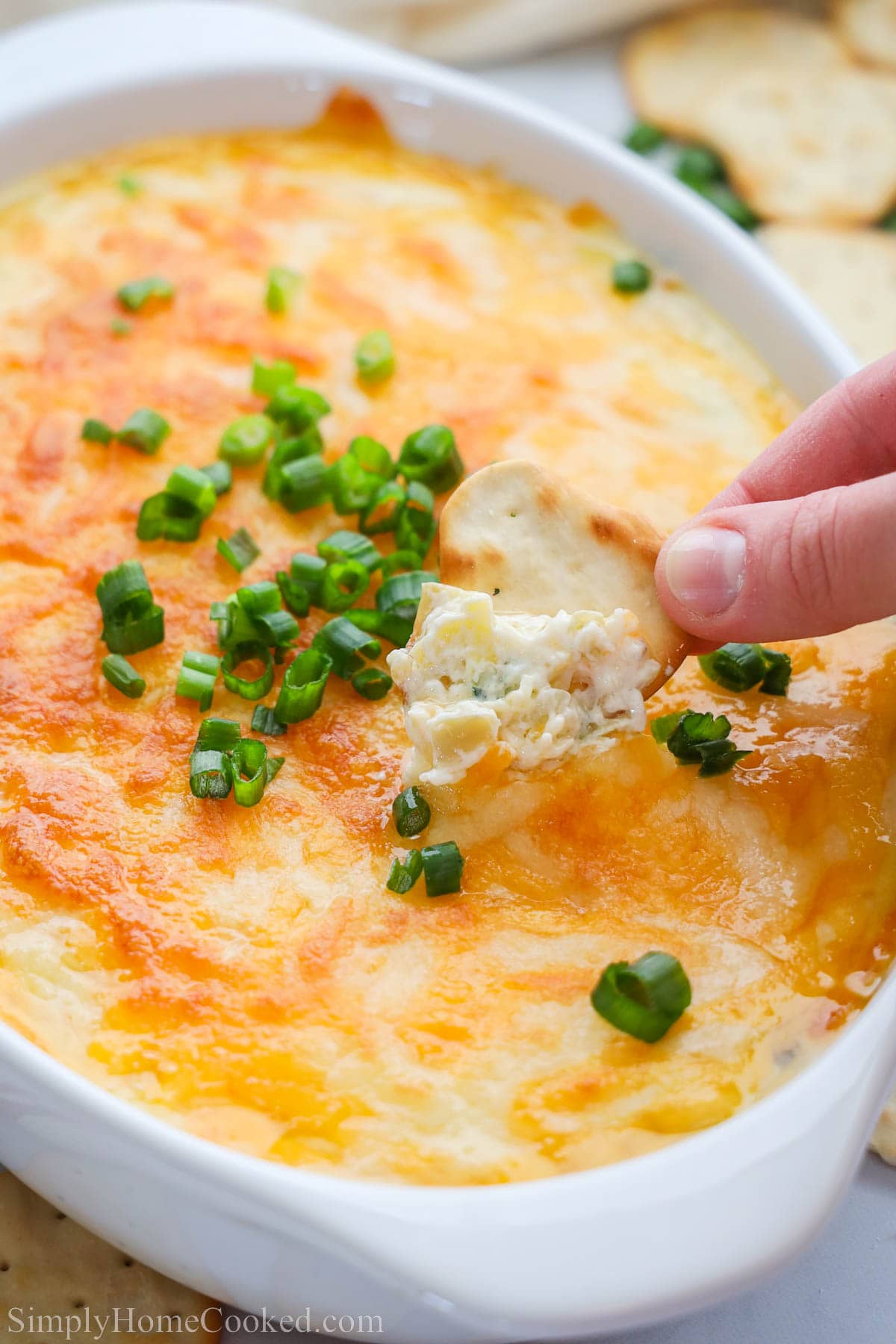 Crab Artichoke Dip topped with green onions and a chip being dipped into it.