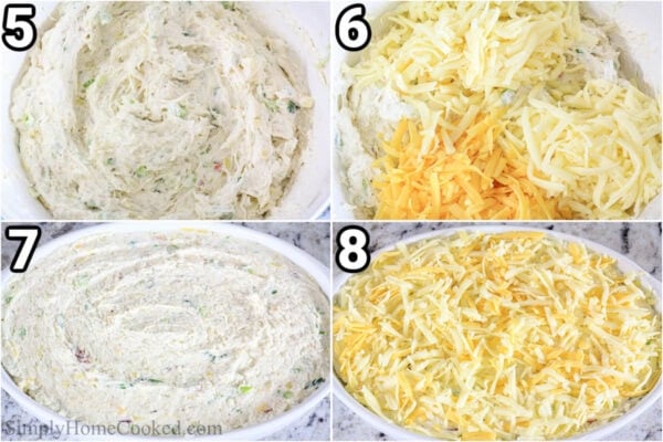 Steps to make Crab Artichoke Dip: add in the monterey jack, fontina, and cheddar cheeses, mix thoroughly, and bake.