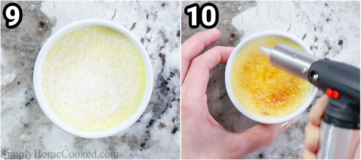 Passos para fazer o Creme Brulee: coloque o açúcar por cima em uma camada fina e caramelize com o maçarico do chef.