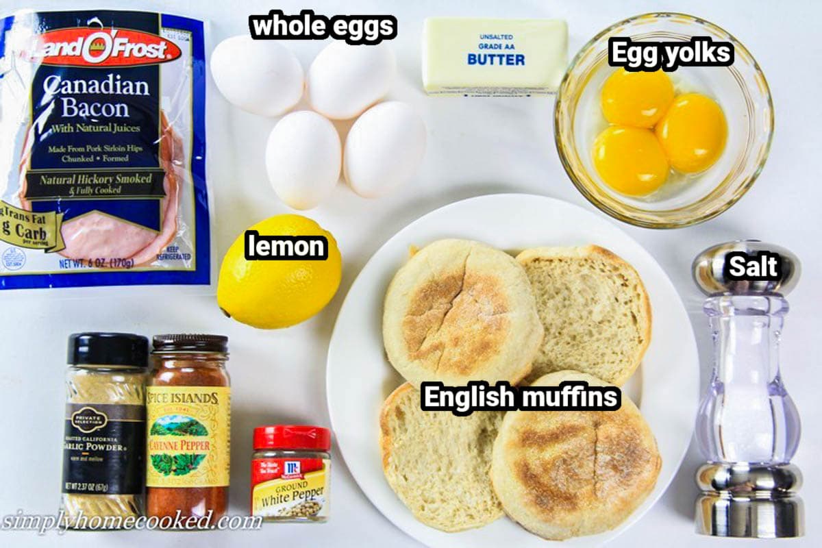 Ingredients for Eggs Benedict: Canadian bacon, eggs, butter, egg yolks, lemon juice, English muffins, salt, white pepper, garlic powder, and cayenne pepper.