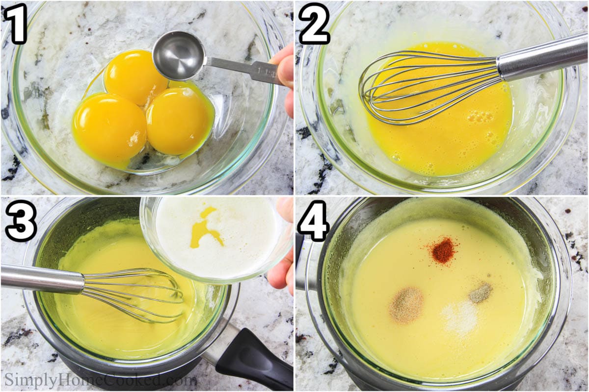 Steps to make Eggs Benedict: mix the egg yolks with water in a bowl with a whisk, then add the melted butter, and then stir in the seasonings.