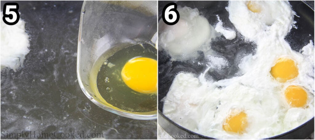 Steps to make Eggs Benedict: poach the eggs in simmering water.