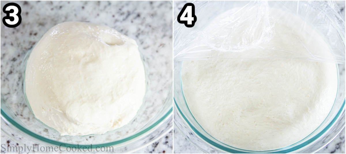 Steps to make homemade pizza dough: In a bowl, cover the dough with plastic wrap to allow it to rise to double its size.