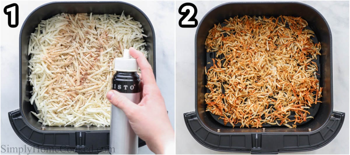 Steps to make Air Fryer Hash Browns: Mix the hash browns in oil then season them with paprika, garlic powder, salt and pepper, then air fry them.
