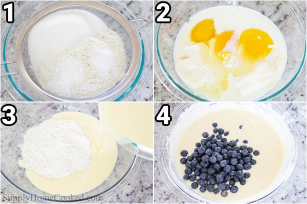 Steps to make Blueberry Ricotta Pancakes: sift the flour, baking powder, baking soda, and sugar together, then mix the eggs, buttermilk, and ricotta cheese. Now combine the dry and wet with the fresh blueberries.