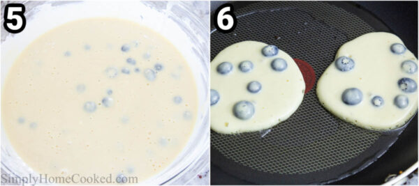 Steps to make Blueberry Ricotta Pancakes: mix the batter and then cook the pancakes on a hot pan.