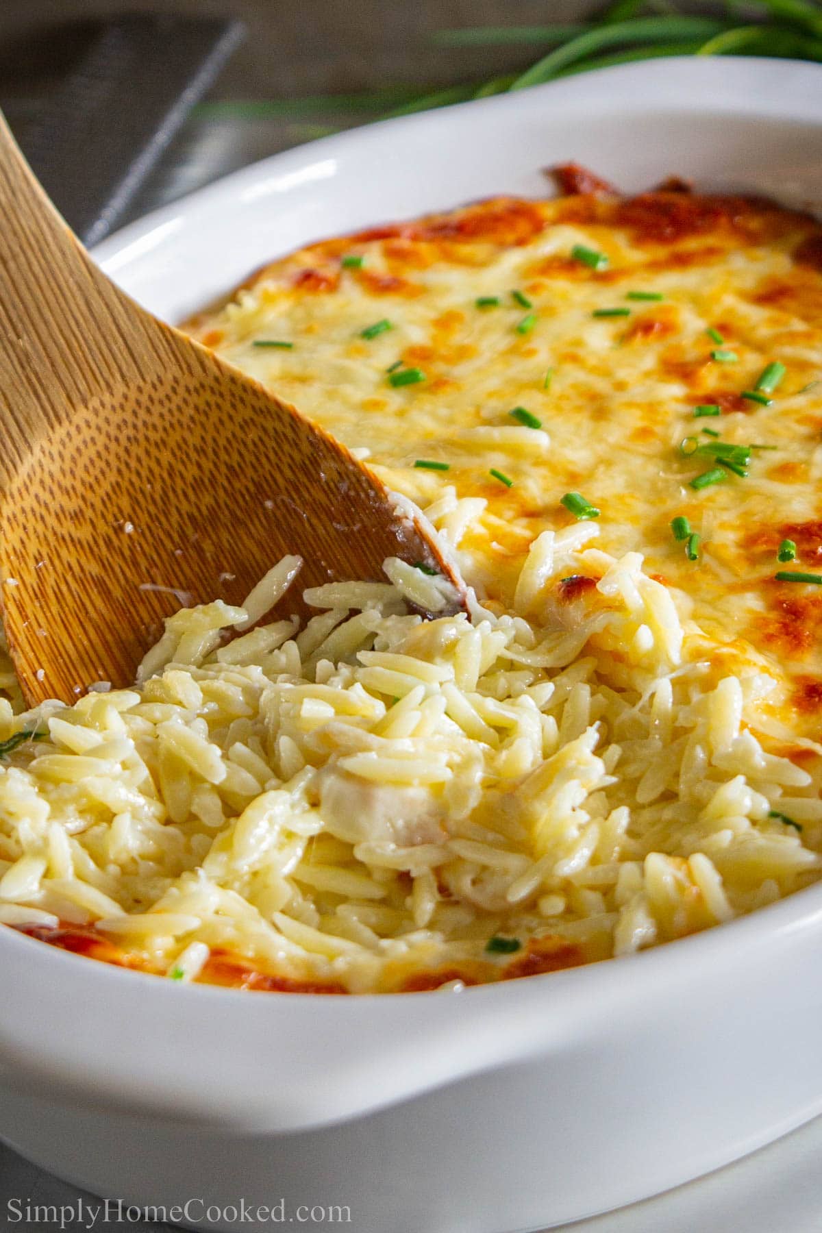 A wooden spoon dipping into Creamy Orzo topped with chopped chives.