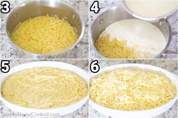 Steps to make Creamy Orzo: cook the orzo, then add the cheesy cream to it. Put it in a baking dish, top with mozzarella and Parmesan, then bake.
