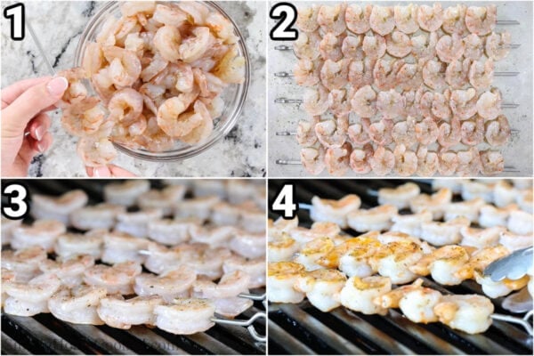 Steps to make Grilled Bang Bang Shrimp: skewer the shrimp after seasoning it with salt, pepper, and oil, then grill it until done.