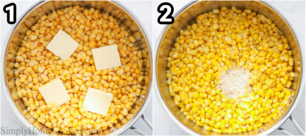 Steps for How to Cook Frozen Corn: melt butter with the frozen corn in a saucepan, then add garlic salt, and stir frequently.
