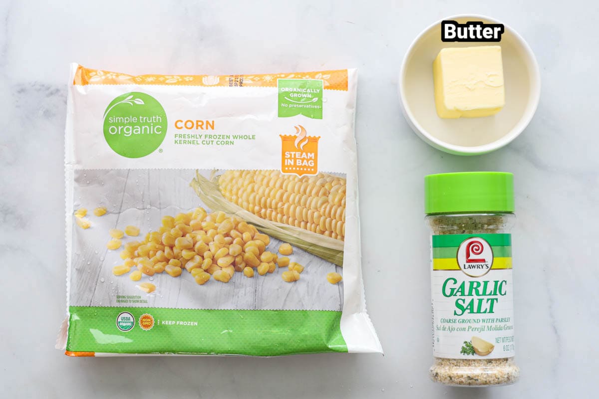 Ingredients for How to Cook Frozen Corn: frozen corn, butter, and garlic salt.
