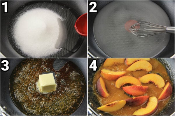 Steps to make Peach French Toast: make the peach syrup by caramelizing water and sugar and then melting butter in it, adding rum, and finally cooking the peaches in it.