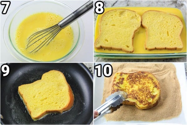 Steps to make Peach French Toast: whisk the eggs and milk, then soak the bread in it, fry the french toast, and finally coat them in cinnamon sugar.