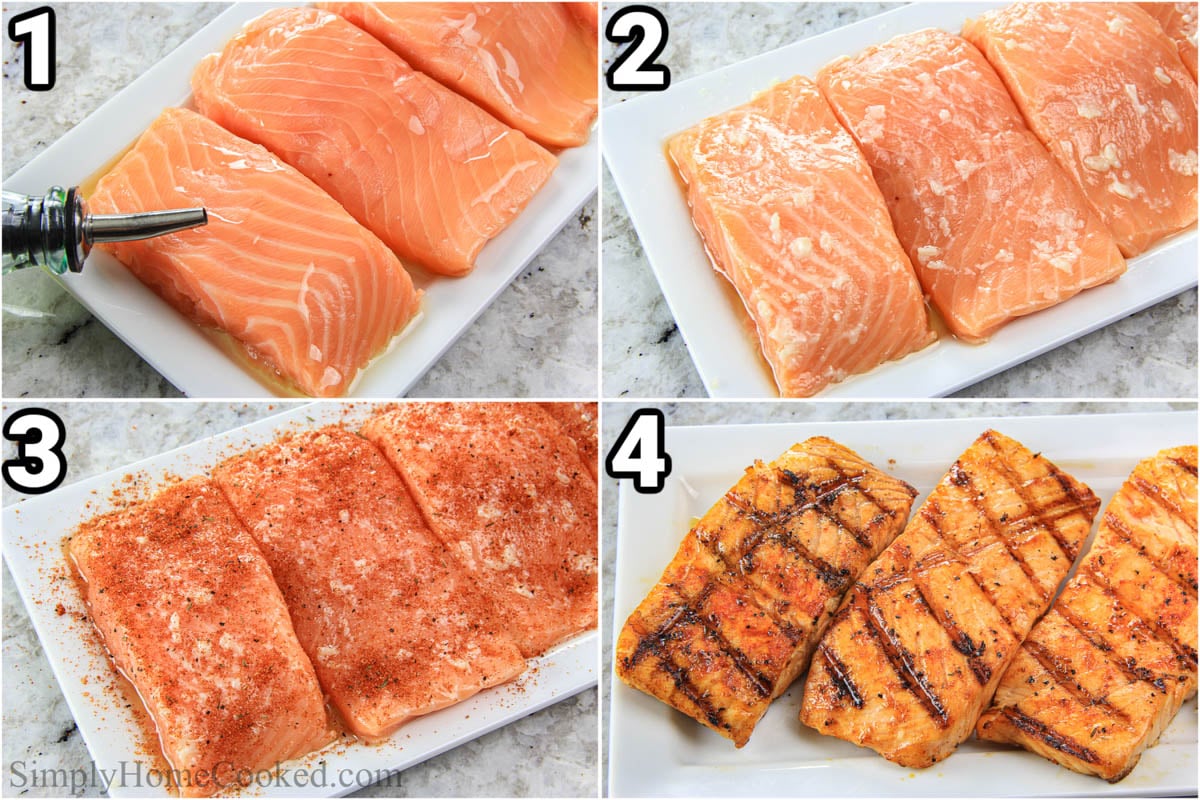 Steps to make pineapple salmon: oil the salmon fillets, cover them with a garlic and salmon rub, then grill them.