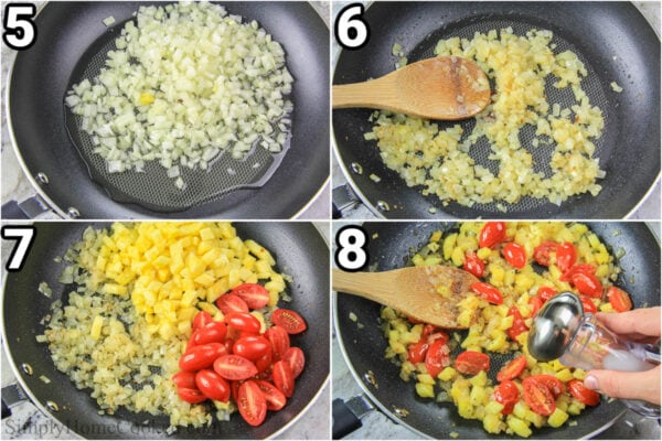 Steps to make Pineapple Salmon: make the pineapple topping by sauteing the onions, then the pineapple and cherry tomatoes, and finally by adding seasoning.