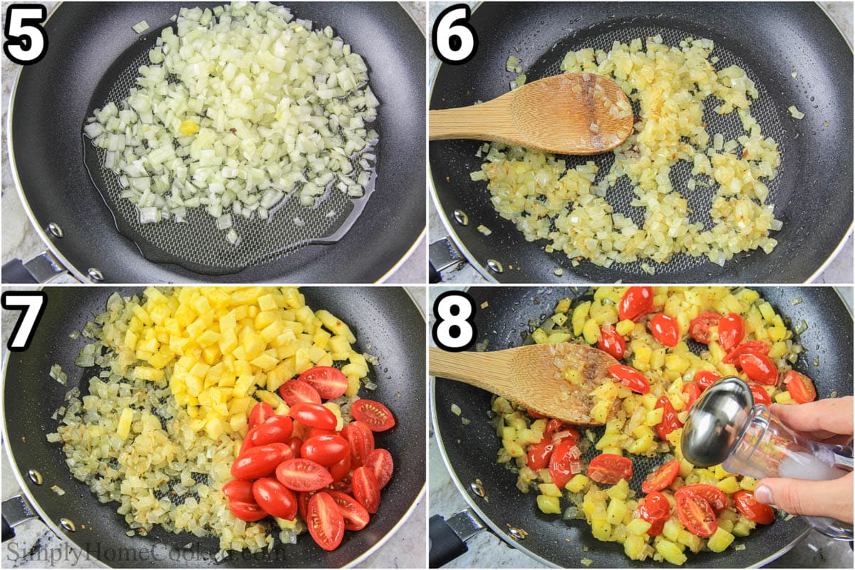 Steps to make pineapple salmon: prepare the pineapple addition by sauteing the onion, then the pineapple and cherry tomatoes, and finally by adding seasoning.