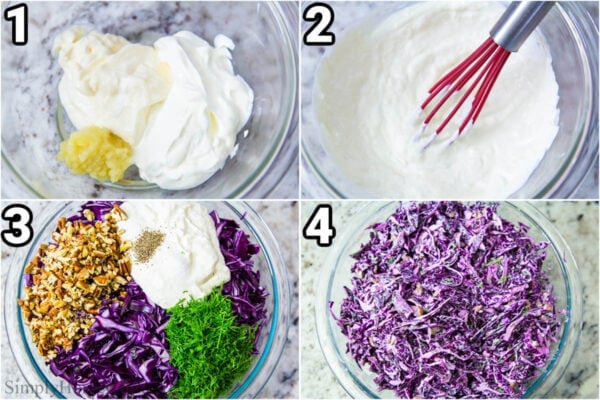 Steps to make Purple Cabbage Salad: combine the dressing ingredients of mayo, sour cream, and garlic with a whisk, then add the chopped pecans, dressing, dill, and cabbage with salt and pepper and mix.