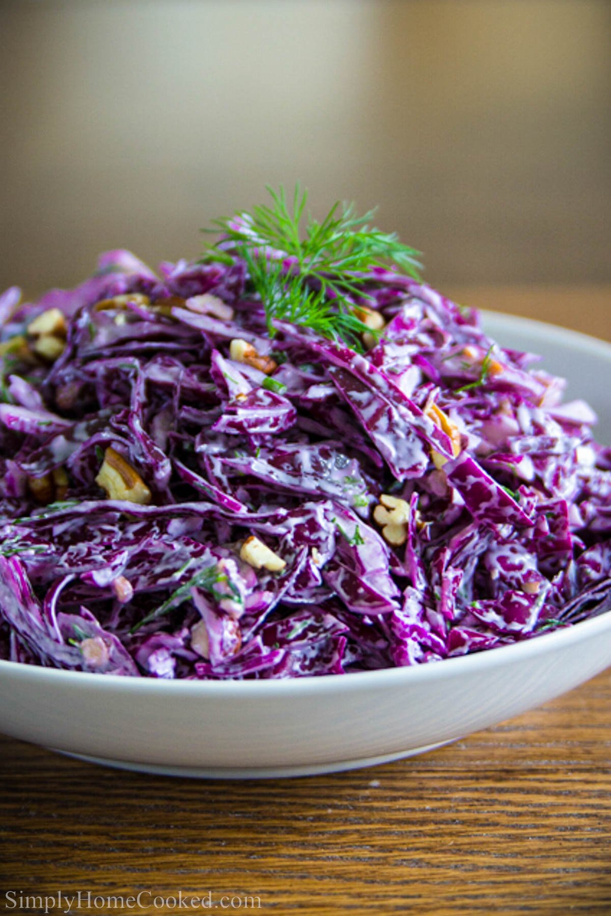 Bowl of Purple Cabbage Salad topped with creamy dressing, fresh dill, and toasted pecans. 