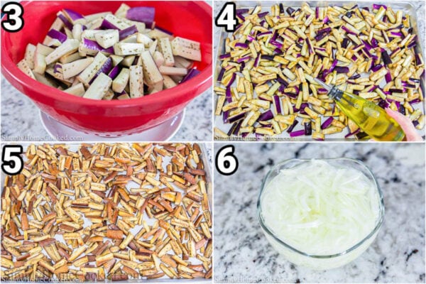 Steps to make Roasted Eggplant Salad: cut the eggplant and salt it, then cover it in oil to be roasted. Then soak the onion in cold water.
