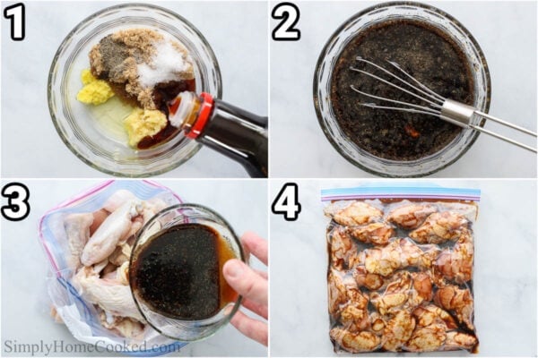Steps to make Teriyaki Chicken Wings: make the marinade by mixing the oil, seasoning, soy sauce, garlic, ginger, and brown sugar together with a whisk, then adding it to a ziplock bag with the chicken and letting it marinate.