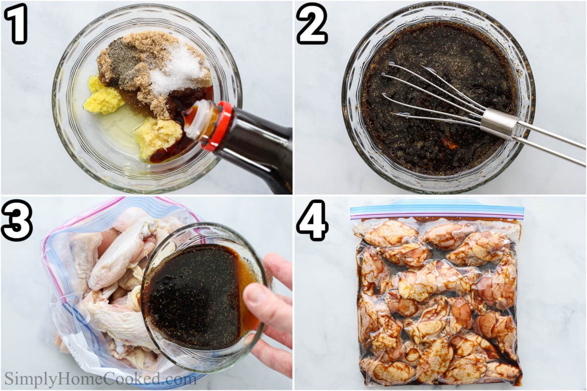 Steps to make teriyaki chicken wings: Prepare the marinade by mixing the oil, seasoning, soy sauce, garlic, ginger and brown sugar together with a whisk, then add to the Ziploc bag with the chicken and let it soak.