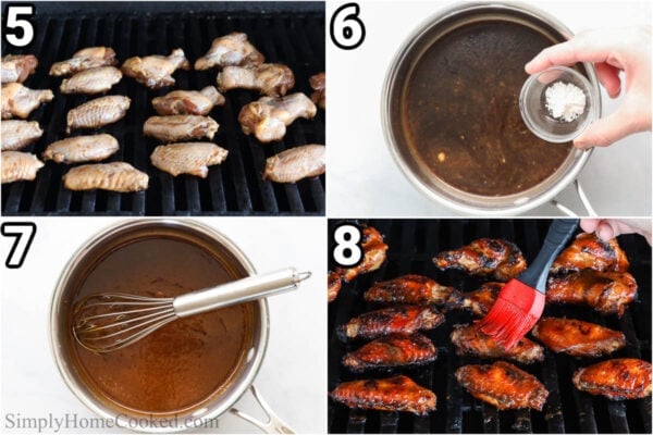 Steps to make Teriyaki Chicken Wings: grill the chicken wings, then add cornstarch to the marinade and simmer it to thicken, and finally brush it onto the chicken wings on the grill.