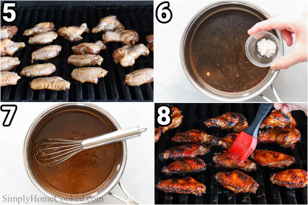 Steps to make teriyaki chicken wings: grill the chicken wings, then add cornstarch to the marinade and cook it to thicken, and finally brush it on the grilled chicken wings.