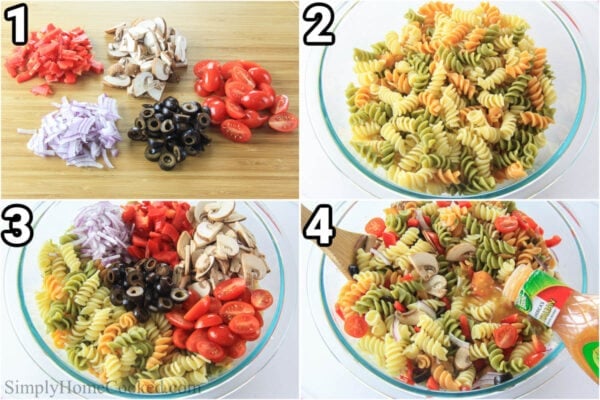 Steps to make Tri Color Pasta Salad: chop the peppers, onions, olives, mushrooms, and tomatoes, cook the pasta, then add everything together with the dressing, and mix.