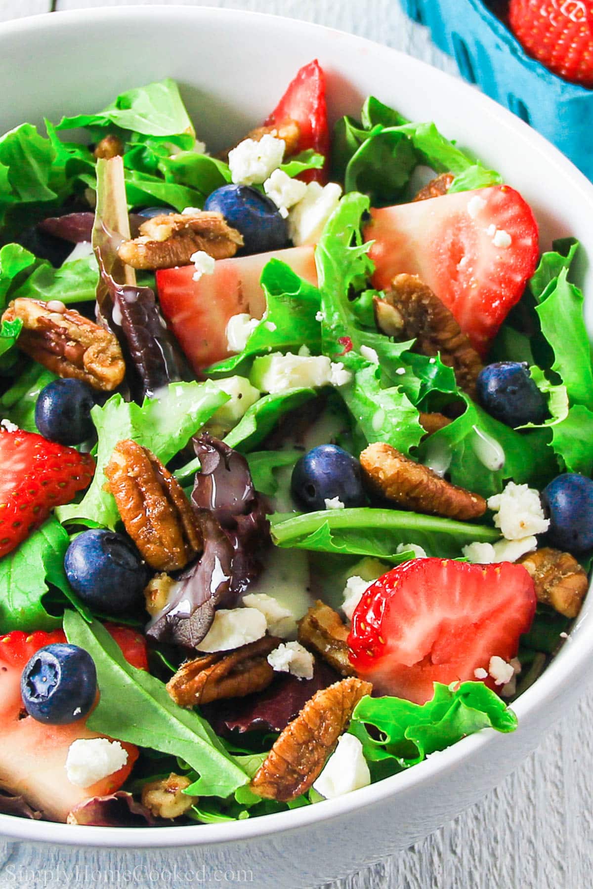 Close up of Strawberry Feta Spinach Salad 
