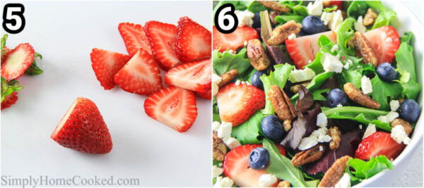 Steps to make Strawberry Feta Spinach Salad: slice the strawberries, then assemble the berries, cheese, and pecans on a bed of spring mix and add dressing.
