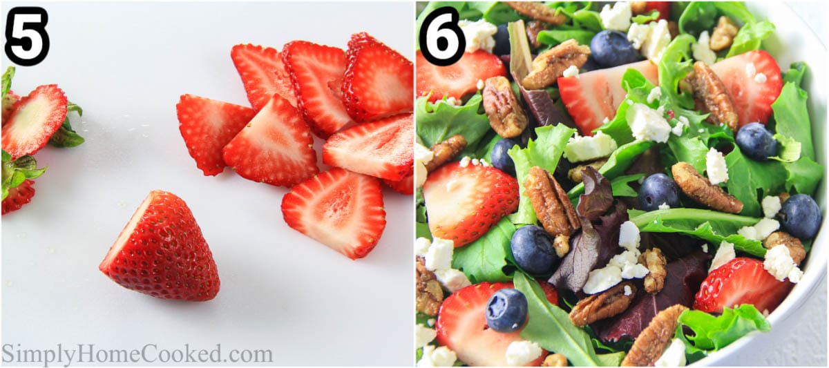 Steps to make Strawberry Feta Spinach Salad: Slice the strawberries, then place the berries, cheese, and pecans on a bed of spring mix and add the dressing.