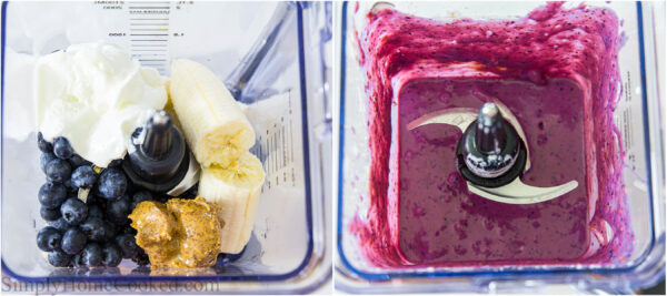 Steps to make Blueberry Smoothie Bowl: add the bananas, blueberries, blackberries, almond butter, and yogurt to a blender, then blend until smooth.