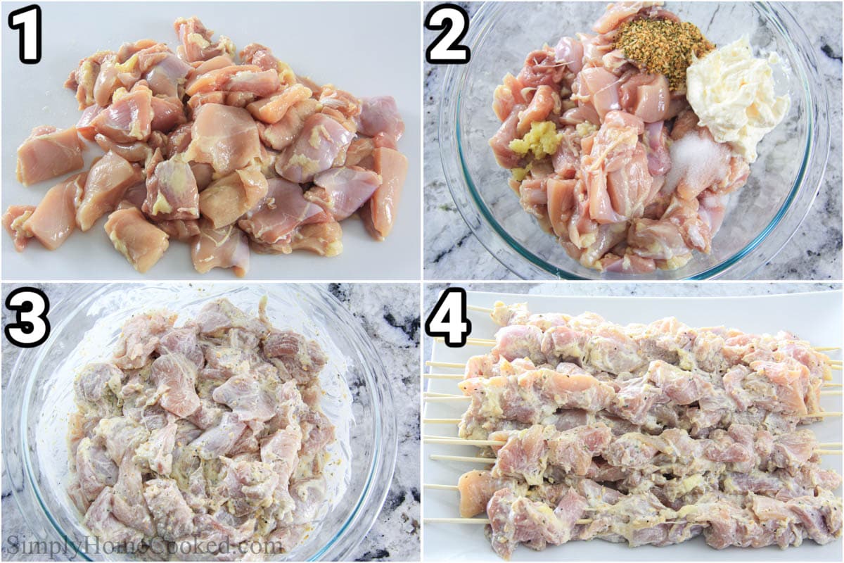 Steps for making chicken skewers in bread: cut the chicken into pieces, then overwhelm it with garlic, mayo and seasoning, then skewer it.