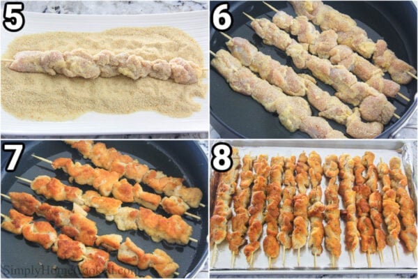 Steps to make Breaded Chicken Skewers: coat the chicken skewers in Parmesan and breadcrumbs, then fry them until golden brown and finish by baking them in the oven.
