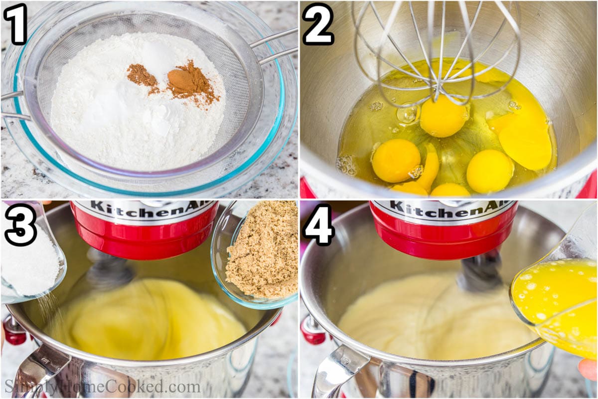 Steps to make Easy Carrot Cake: sift the dry ingredients, whisk the eggs in a stand mixer, then add the sugars, and finally the melted butter.