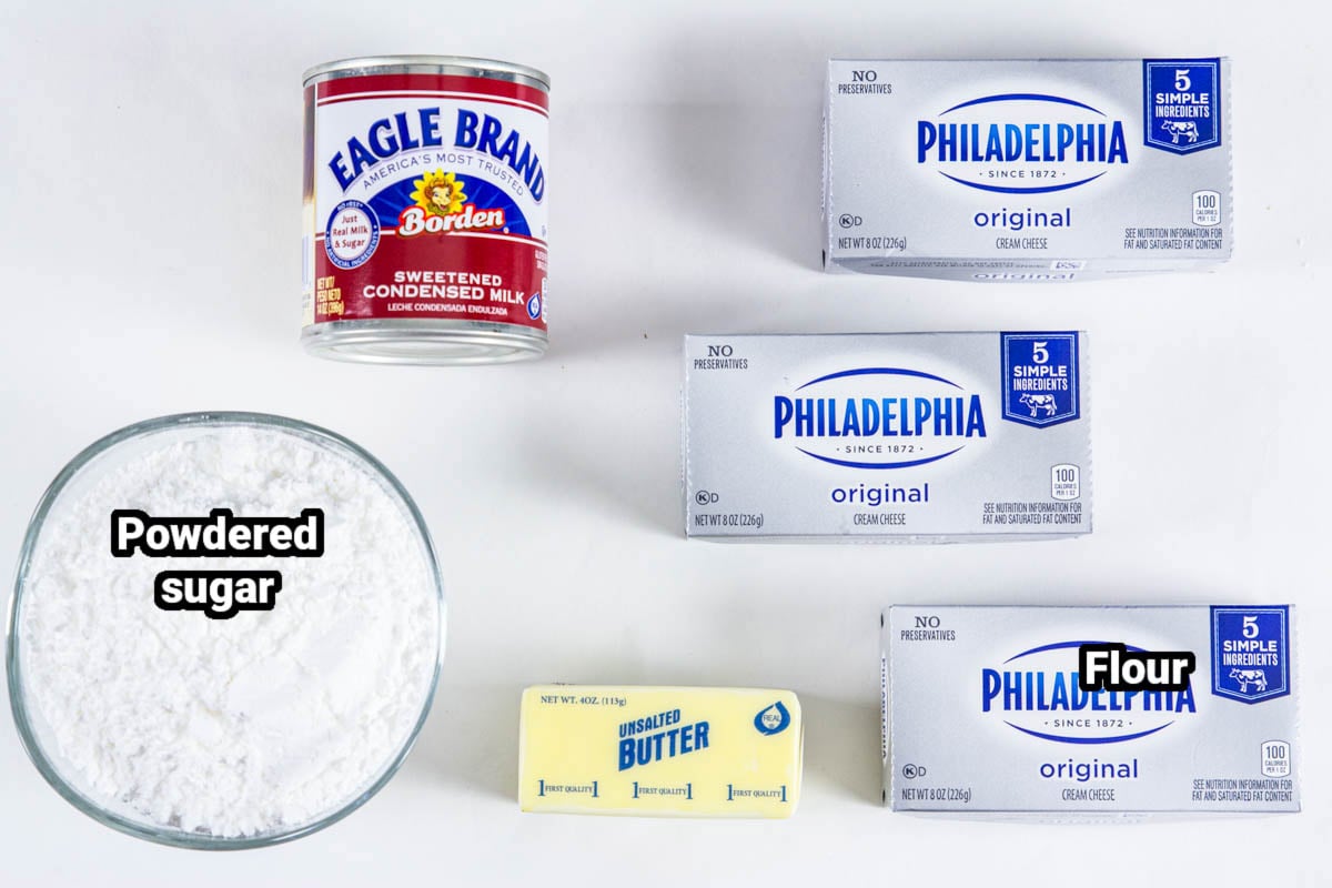 Ingredients for Cream Cheese Frosting for Easy Carrot Cake: powdered sugar, cream cheese, butter, and condensed milk.