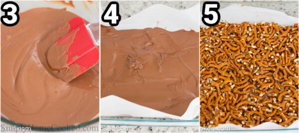 Steps to make Chocolate Caramel Pretzel Bars: melt the milk chocolate, pour it into a baking sheet, then add the pretzel bits.