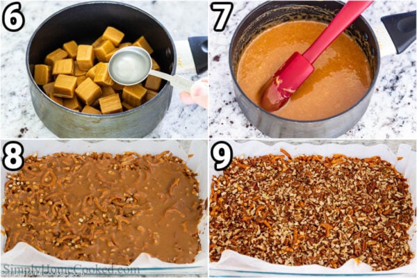 Steps to make Chocolate Caramel Pretzel Bars: met he caramels in a saucepan, then add them to the pretzels and top with pecans.