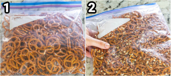 Steps to make Chocolate Caramel Pretzel Bars: put the pretzels into a ziplock bag and mash them.