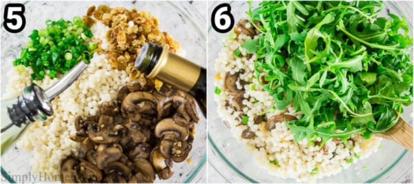 Steps to make Couscous Arugula Salad: assemble the green onions, raisins, mushrooms, and couscous, then add the arugula, oil, and vinegar.