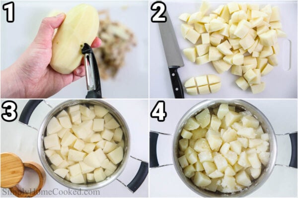 Steps to make Super Creamy Mashed Potatoes: peel and cube the potatoes, then cook them in salted water and drain.