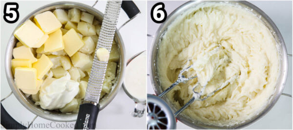 Steps to make Super Creamy Mashed Potatoes: add the sour cream, heavy cream, butter, and garlic to the potatoes and whip them.