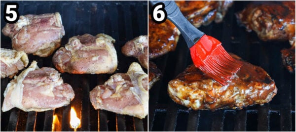 Steps to make Grilled BBQ Chicken Thighs: grill the chicken skin side down, then flip and brush on barbecue sauce at the end.