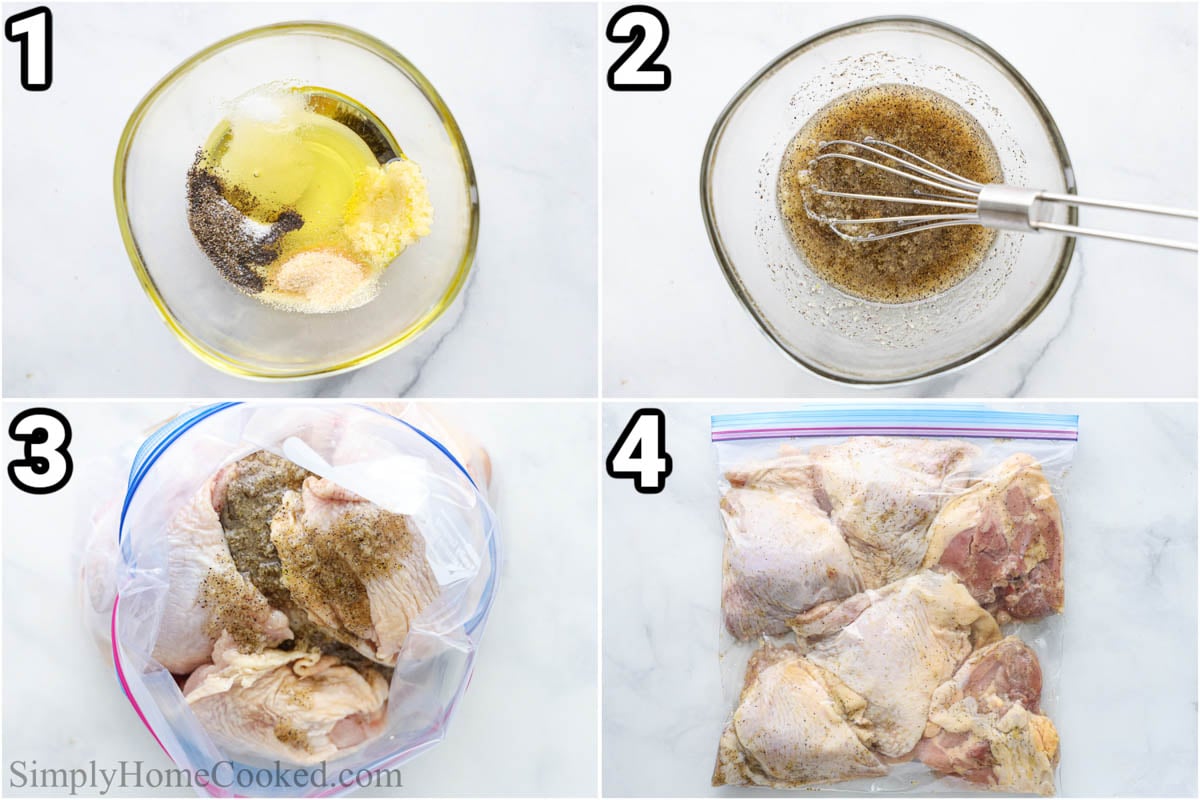 Steps to make Grilled BBQ Chicken Thighs: combine the oil, seasonings, and garlic for the marinade with a whisk, then add it to the chicken in a ziplock bag to marinate.